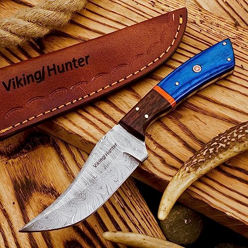 Handmade Twist Pattern Damascus Hunting Knife Ideal for Skinning, Camping Skinner Knife, Outdoor - EDC Fixed Blade Bushcraft Knive With Sheath Belt Loop (VK-HK-05)