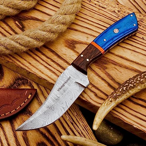 Handmade Twist Pattern Damascus Hunting Knife Ideal for Skinning, Camping Skinner Knife, Outdoor - EDC Fixed Blade Bushcraft Knive With Sheath Belt Loop (VK-HK-05)