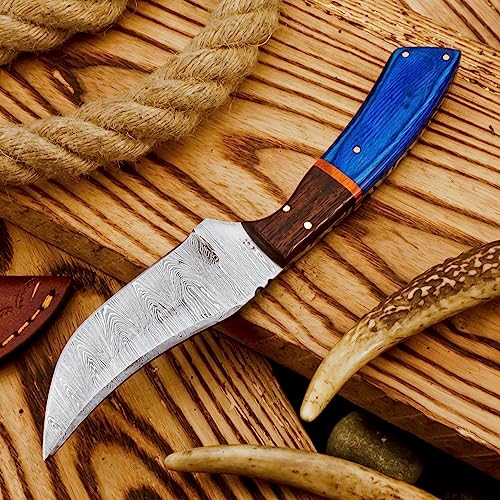 Handmade Twist Pattern Damascus Hunting Knife Ideal for Skinning, Camping Skinner Knife, Outdoor - EDC Fixed Blade Bushcraft Knive With Sheath Belt Loop (VK-HK-05)
