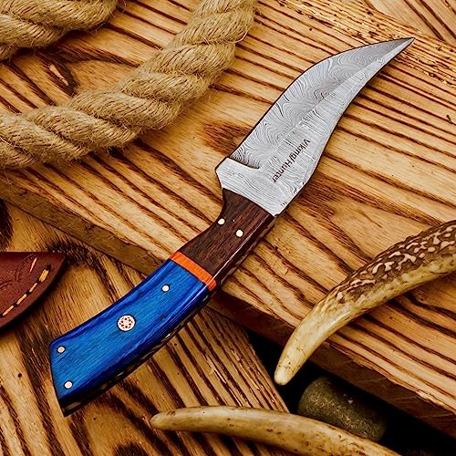 Handmade Twist Pattern Damascus Hunting Knife Ideal for Skinning, Camping Skinner Knife, Outdoor - EDC Fixed Blade Bushcraft Knive With Sheath Belt Loop (VK-HK-05)