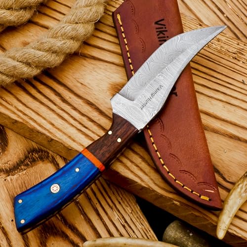 Handmade Twist Pattern Damascus Hunting Knife Ideal for Skinning, Camping Skinner Knife, Outdoor - EDC Fixed Blade Bushcraft Knive With Sheath Belt Loop (VK-HK-05)