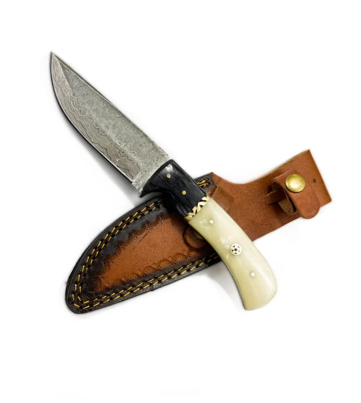 Titan International Knives Damascus Hunting and Camping Knive Survival Knife for Men Fixed Blade Diamond Wood and Camel Bone Handle with Leather Sheath