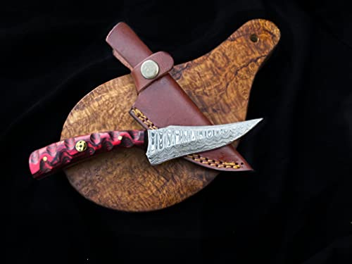 Titan International Knives Damascus Steel Hunting Knive Survival Knife for Men Women Fixed Blade Red Diamond Wood Handle with Leather Sheath Perfect for Hunting and Outdoor activities