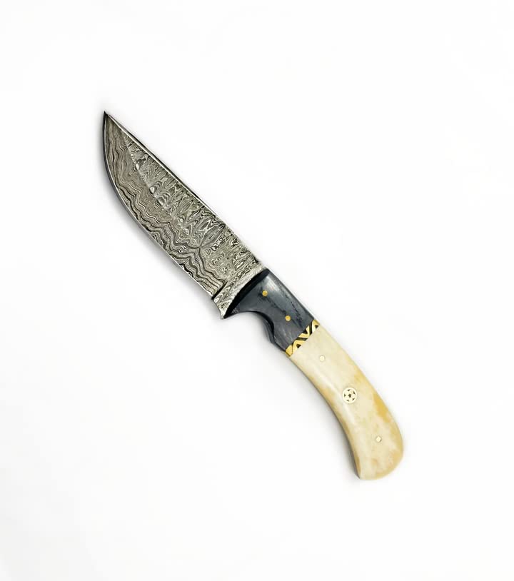 Titan International Knives Damascus Hunting and Camping Knive Survival Knife for Men Fixed Blade Diamond Wood and Camel Bone Handle with Leather Sheath