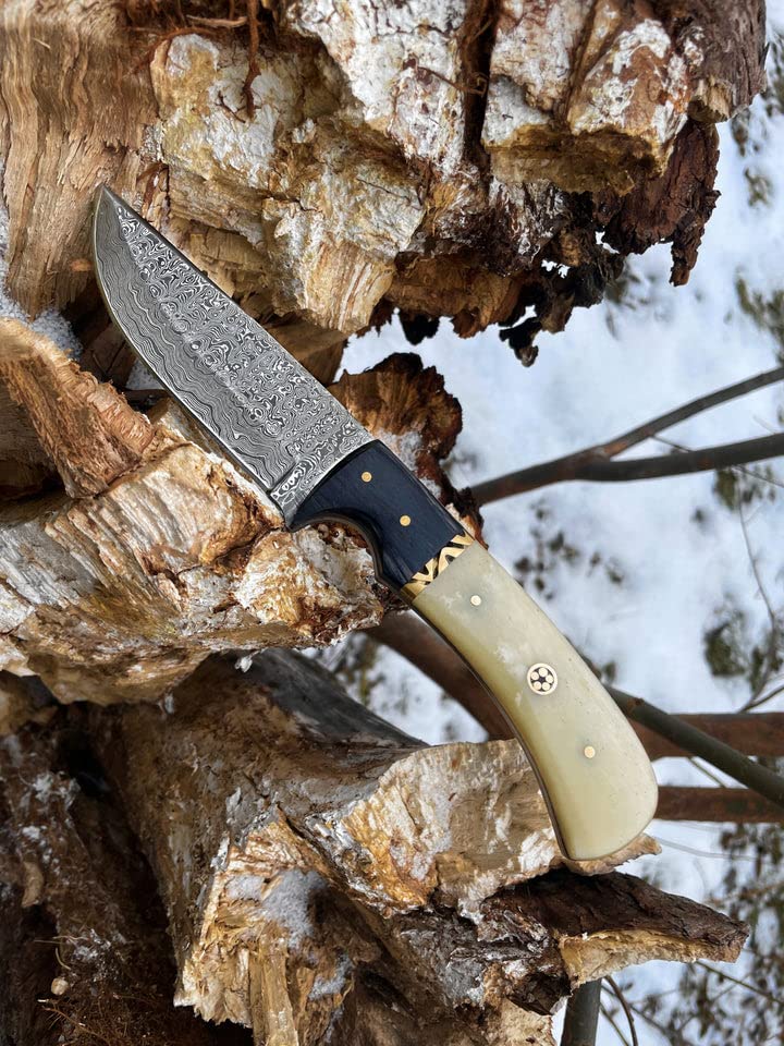 Titan International Knives Damascus Hunting and Camping Knive Survival Knife for Men Fixed Blade Diamond Wood and Camel Bone Handle with Leather Sheath