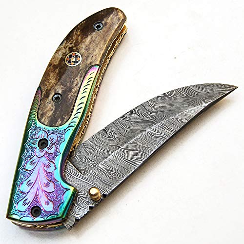 Folding Knife - Handmade Knife - Damascus steel knives - 8 Inch Sharp Edge Folding Blade - Stained Bone Handle - Folding Pocket Knive With Leather Sheath - Titanium Guards, 9495, Black and Gray