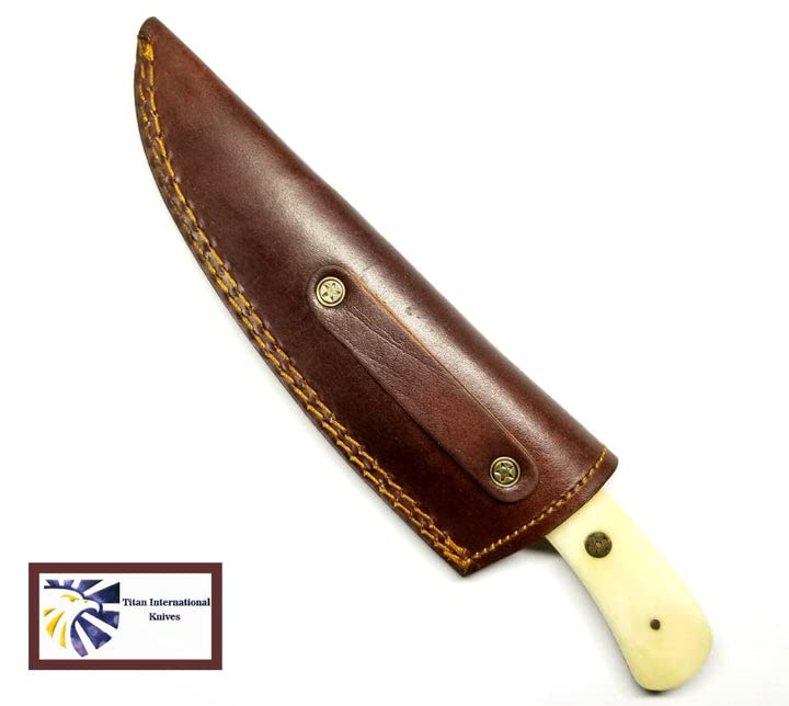 Titan International Knives Damascus Hunting and Camping Knive Survival Knife for Men Fixed Blade Diamond Wood and Camel Bone Handle with Leather Sheath