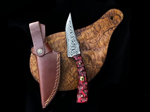 Titan International Knives Damascus Steel Hunting Knive Survival Knife for Men Women Fixed Blade Red Diamond Wood Handle with Leather Sheath Perfect for Hunting and Outdoor activities