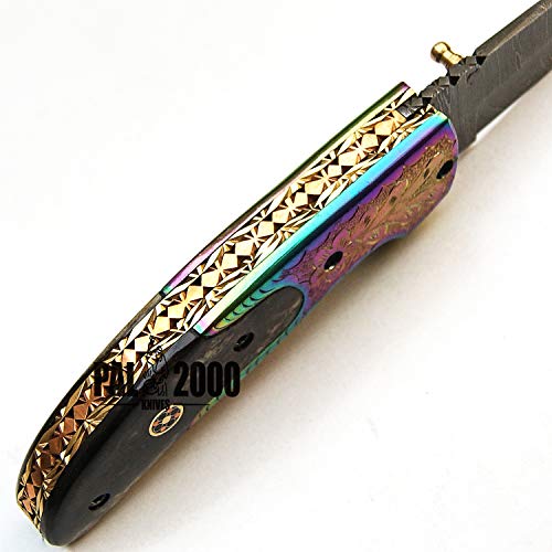 Folding Knife - Handmade Knife - Damascus steel knives - 8 Inch Sharp Edge Folding Blade - Stained Bone Handle - Folding Pocket Knive With Leather Sheath - Titanium Guards, 9495, Black and Gray