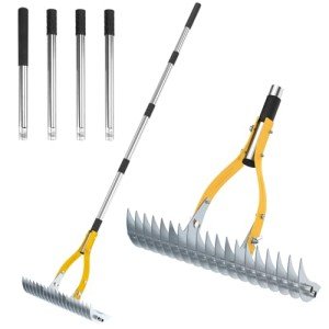 TOOVEM Heavy Duty Lawn Thatch Rake with Ergonomic Handle