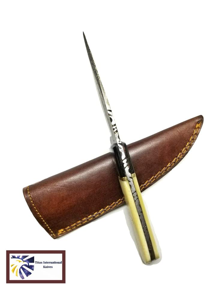 Titan International Knives Damascus Hunting and Camping Knive Survival Knife for Men Fixed Blade Diamond Wood and Camel Bone Handle with Leather Sheath