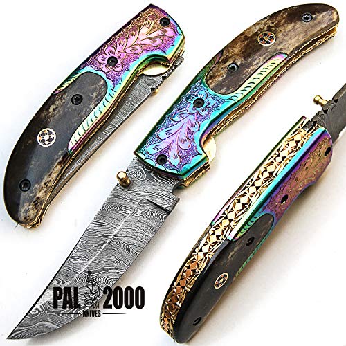 Folding Knife - Handmade Knife - Damascus steel knives - 8 Inch Sharp Edge Folding Blade - Stained Bone Handle - Folding Pocket Knive With Leather Sheath - Titanium Guards, 9495, Black and Gray