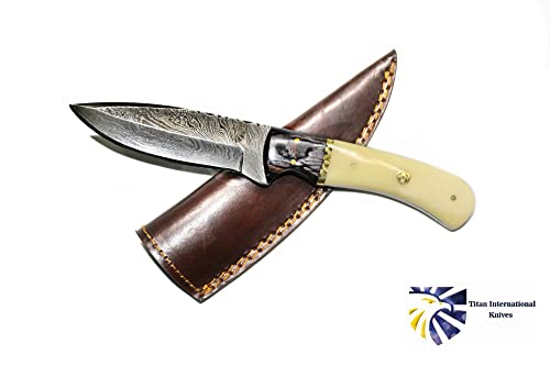 Titan International Knives Damascus Hunting and Camping Knive Survival Knife for Men Fixed Blade Diamond Wood and Camel Bone Handle with Leather Sheath