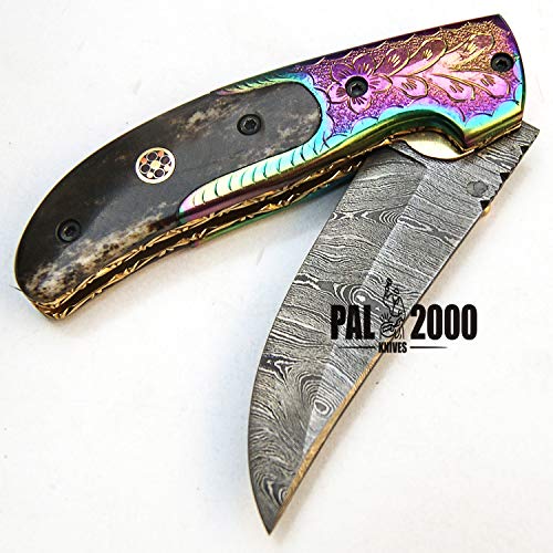 Folding Knife - Handmade Knife - Damascus steel knives - 8 Inch Sharp Edge Folding Blade - Stained Bone Handle - Folding Pocket Knive With Leather Sheath - Titanium Guards, 9495, Black and Gray