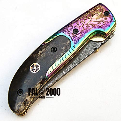 Folding Knife - Handmade Knife - Damascus steel knives - 8 Inch Sharp Edge Folding Blade - Stained Bone Handle - Folding Pocket Knive With Leather Sheath - Titanium Guards, 9495, Black and Gray