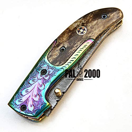 Folding Knife - Handmade Knife - Damascus steel knives - 8 Inch Sharp Edge Folding Blade - Stained Bone Handle - Folding Pocket Knive With Leather Sheath - Titanium Guards, 9495, Black and Gray