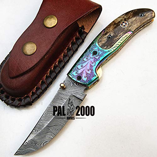 Folding Knife - Handmade Knife - Damascus steel knives - 8 Inch Sharp Edge Folding Blade - Stained Bone Handle - Folding Pocket Knive With Leather Sheath - Titanium Guards, 9495, Black and Gray