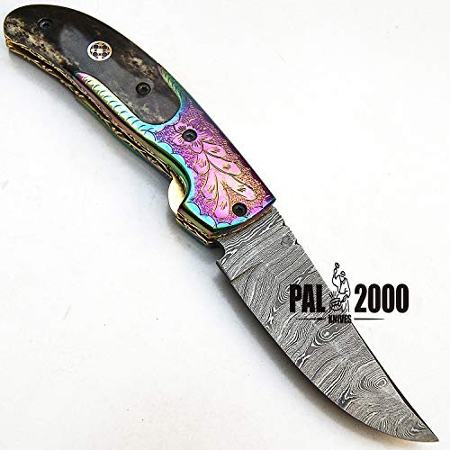 Folding Knife - Handmade Knife - Damascus steel knives - 8 Inch Sharp Edge Folding Blade - Stained Bone Handle - Folding Pocket Knive With Leather Sheath - Titanium Guards, 9495, Black and Gray