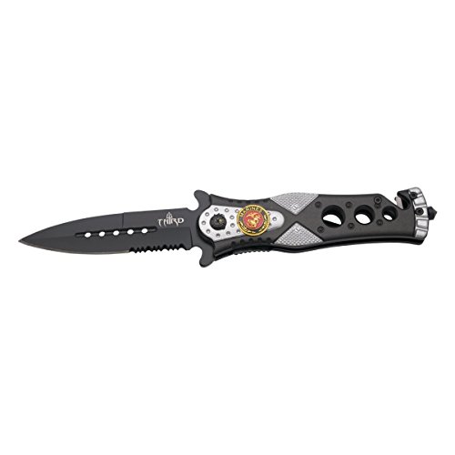 Assisted safety Folding Knive Third K2775GYS emblem Marines with saw and nylon sleeve, blade 10.1 cm stainless steel, handle 12 cm