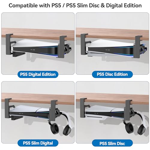 No-Drill PS5 Under Desk Mount, Metal Under Desk PS5 Mount Replacement for 2020/2023 PS5 Slim Digital & Disc Versions, PS5 Mount Under Desk with Clamp Mount, Screw and EVA Foam for PS5 Digital Console