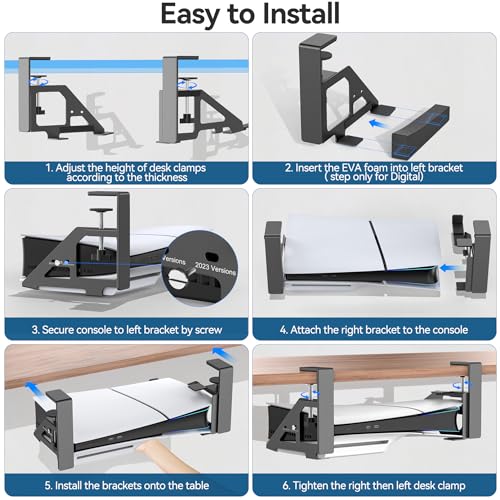 No-Drill PS5 Under Desk Mount, Metal Under Desk PS5 Mount Replacement for 2020/2023 PS5 Slim Digital & Disc Versions, PS5 Mount Under Desk with Clamp Mount, Screw and EVA Foam for PS5 Digital Console
