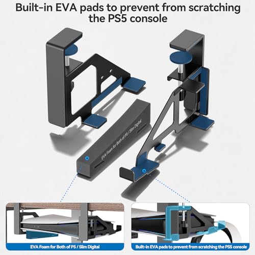 No-Drill PS5 Under Desk Mount, Metal Under Desk PS5 Mount Replacement for 2020/2023 PS5 Slim Digital & Disc Versions, PS5 Mount Under Desk with Clamp Mount, Screw and EVA Foam for PS5 Digital Console