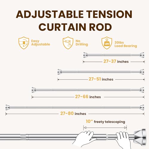 TITGIPE Shower Curtain Rod 27-80 Inches, No Drill Shower Rod Tension, Never Rust Anti-Slip Shower Curtain Rod for Bathroom Window, Adjustable Tension Shower Curtain Rod Silver