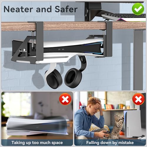 No-Drill PS5 Under Desk Mount, Metal Under Desk PS5 Mount Replacement for 2020/2023 PS5 Slim Digital & Disc Versions, PS5 Mount Under Desk with Clamp Mount, Screw and EVA Foam for PS5 Digital Console