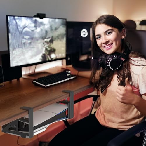 No-Drill PS5 Under Desk Mount, Metal Under Desk PS5 Mount Replacement for 2020/2023 PS5 Slim Digital & Disc Versions, PS5 Mount Under Desk with Clamp Mount, Screw and EVA Foam for PS5 Digital Console
