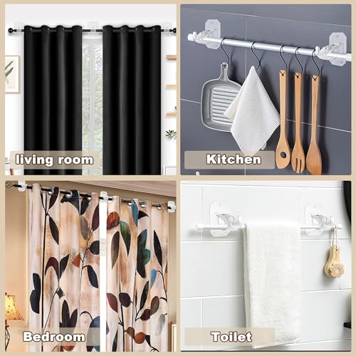 2PCS No Drill Curtain Rod Brackets,Curtain Rod Holders No Drilling,Adhesive Curtain Rod Hooks,Nail Free Adjustable Curtain Hangers,Lokinsetin Perforated Non Nail Screw Stick On Sticky Drape Pole Stand
