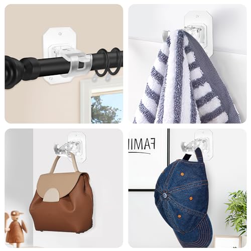 2PCS No Drill Curtain Rod Brackets,Curtain Rod Holders No Drilling,Adhesive Curtain Rod Hooks,Nail Free Adjustable Curtain Hangers,Lokinsetin Perforated Non Nail Screw Stick On Sticky Drape Pole Stand