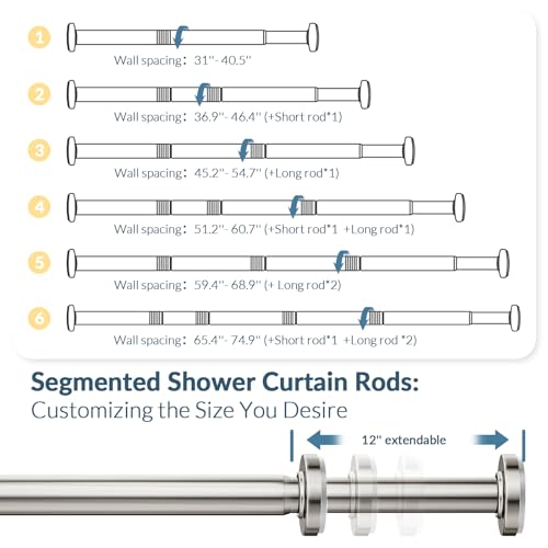 AmazerBath Spring Tension Shower Curtain Rod, 31-75 Inches Heavy Duty Shower Curtain Rod Rust Proof Bathroom Curtain Rod, Adjustable Shower Curtain Rod No Drill Easy Segmented Installation, Nickel