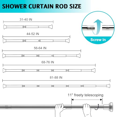 Shower Curtain Rod, Adjustable 31-88 Inch Silver Shower Rod 1 Inch Diameter Spring Tension Curtain Rod Stainless Steel Telescoping Rod No Drill, Easy Install, No Rust, for Closet Bathroom Windows