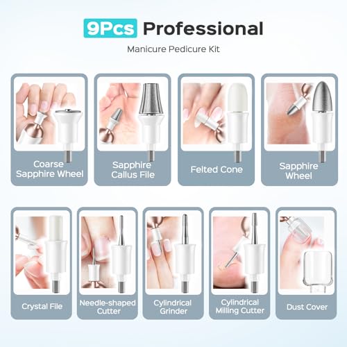 Professional Manicure Pedicure Kit Cordless: 8 in 1 Electric Nail File Set, 5 Speed Nail Drill for Thick Nail Toenail Cuticle, LED Hand Foot Care Trimmer Buffer for Women Men Baby Pets