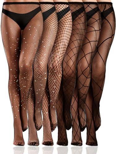 Ramede 6 Pairs Women Fishnet Stockings Tights Patterned Tights Fishnet Leggings Waist High Pantyhose for Halloween Girls (Mesh Drill, Rhombus Grid)