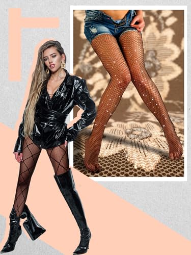Ramede 6 Pairs Women Fishnet Stockings Tights Patterned Tights Fishnet Leggings Waist High Pantyhose for Halloween Girls (Mesh Drill, Rhombus Grid)