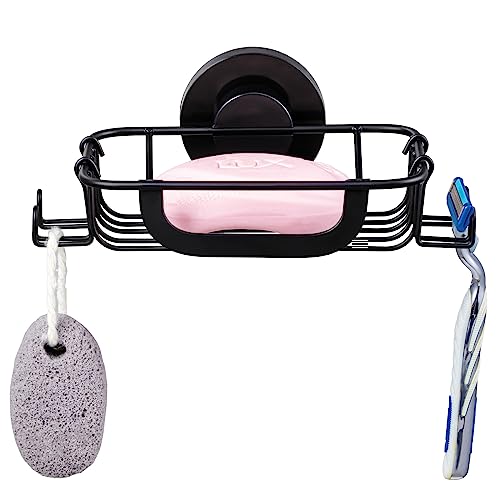 TAILI Soap Dish Bar Soap Holder Suction Cup with Hooks, Soap Bar Holder for Shower Wall, Soap Saver Tray for Bathroom, Tub, Rustproof Stainless Steel Sponge Holder for Kitchen, Drill-Free,Black