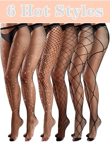 Ramede 6 Pairs Women Fishnet Stockings Tights Patterned Tights Fishnet Leggings Waist High Pantyhose for Halloween Girls (Mesh Drill, Rhombus Grid)