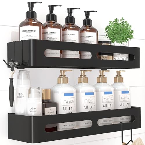 Sakugi Shower Caddy - X-Large Adhesive Shower Organizer, Rustproof Shower Shelves for inside Shower, Stainless Steel Shower Rack for Bathroom, Home Decor, No Drill, Black, 2 Pack