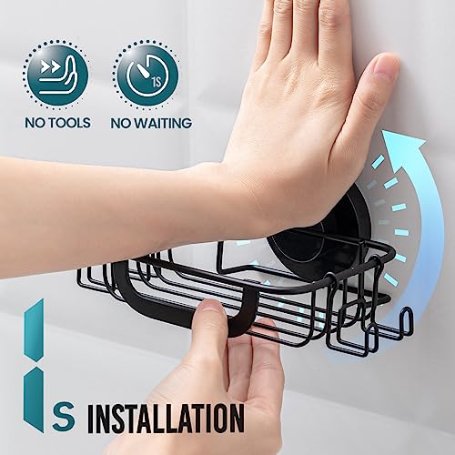 TAILI Soap Dish Bar Soap Holder Suction Cup with Hooks, Soap Bar Holder for Shower Wall, Soap Saver Tray for Bathroom, Tub, Rustproof Stainless Steel Sponge Holder for Kitchen, Drill-Free,Black