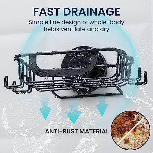 TAILI Soap Dish Bar Soap Holder Suction Cup with Hooks, Soap Bar Holder for Shower Wall, Soap Saver Tray for Bathroom, Tub, Rustproof Stainless Steel Sponge Holder for Kitchen, Drill-Free,Black