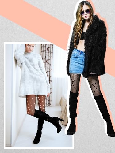 Ramede 6 Pairs Women Fishnet Stockings Tights Patterned Tights Fishnet Leggings Waist High Pantyhose for Halloween Girls (Mesh Drill, Rhombus Grid)