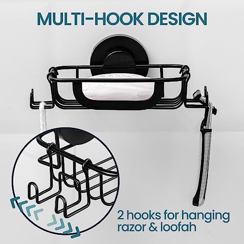 TAILI Soap Dish Bar Soap Holder Suction Cup with Hooks, Soap Bar Holder for Shower Wall, Soap Saver Tray for Bathroom, Tub, Rustproof Stainless Steel Sponge Holder for Kitchen, Drill-Free,Black