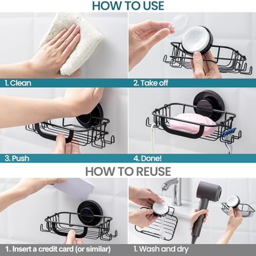 TAILI Soap Dish Bar Soap Holder Suction Cup with Hooks, Soap Bar Holder for Shower Wall, Soap Saver Tray for Bathroom, Tub, Rustproof Stainless Steel Sponge Holder for Kitchen, Drill-Free,Black