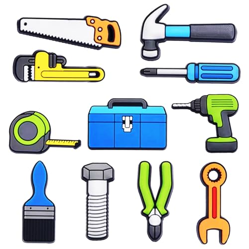 Tool Shoe Charms for Clog Shoes Decoration,,Cute Cartoon Hammer Saw Power Drill Funny Charms for Shoes Charm for Kids Adults Boys Men, PVC Shoe Charm Accessories Decoration Party Favor Holiday