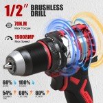 INSPIRITECH 20V Cordless Drill, Brushless Power Drill Set with 2 Batteries and Charger,1/2-Inch Electric Driver,22 Torque Setting, Bits and Tool Bag Included