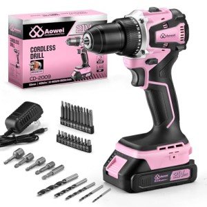 Aowei 21V Lithium-Ion Cordless Drill Set, Brushless, Compact Type, including Battery, Charger and 3/8-inch Keyless Chuck; Cordless Lithium-Ion Drill Kit (Pink)