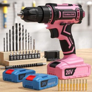Pink Cordless Drill Set, Double 2000mAh Power Pack Electric Power Drill for Women, 20V Lightweight Electric Screwdriver Driver with Power Pack & Charger, 3/8" Keyless Chuck, Womens Tool Kit for House