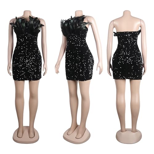 PORRCEY Ladies Sexy Hot Drill Craft Off Shoulder Sequin Feather Sexy Mini Dress Party Club Evening Dress(K2852,Black,3XL)