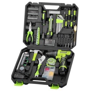 POWKITS Cordless Drill: 12V Power Drill Set with Lithium Battery, 142Pcs Electric Tools Set with 3/8"Keyless Chuck, Portable Household Basic Tool Kit with Tool Box for Home, Green